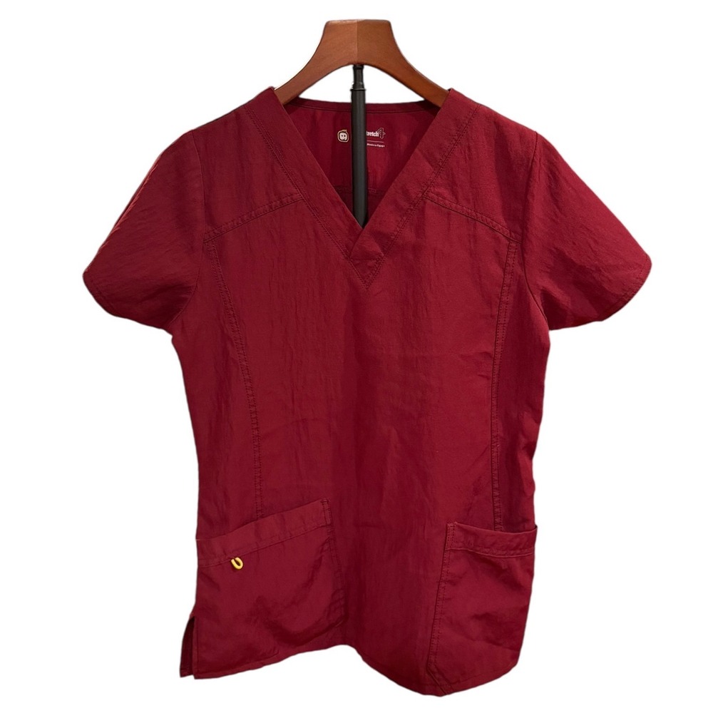 WonderWink Four-Stretch Scrub Top‎ Wine Burgundy V-Neck Short Sleeve Small